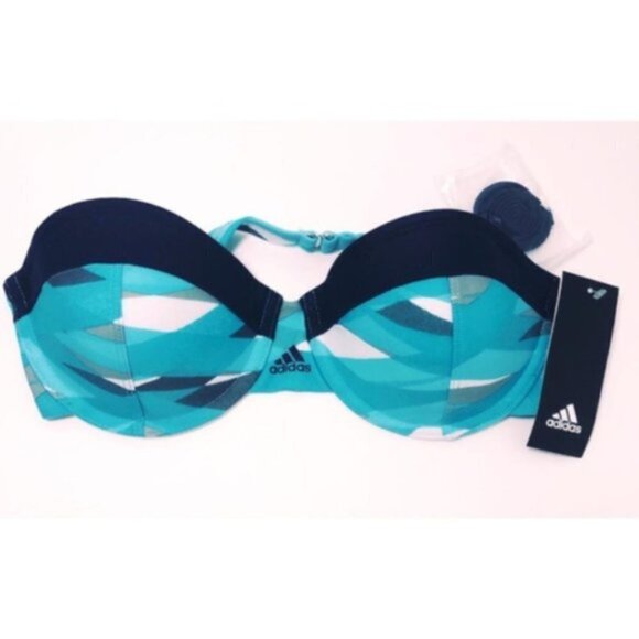 Adidas Logo Womens Blue Stripe Bandeau Bikini Top Bathing Suit Swimwear Sz L New - Picture 4 of 8
